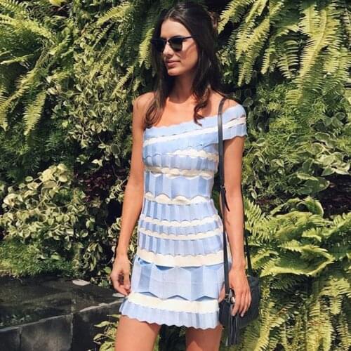 Sweet Jacquard One Shoulder Scalloped Striped Bandage Dress Colorblock Short Sleeve Cut Out Cold Shoulder Mini Women Party Dress