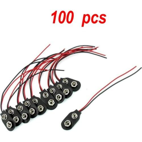 100pcs Snap 9V (9 Volt) Battery Clip Connector I Type Black w Cable LW Battery Snap Wire Cable Lead Holder Adapter 150mm
