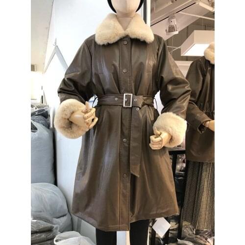 2020 New womens warm thickening faux fur collar fur liner padded medium long sashes PU leather coat casacos abrigos SML