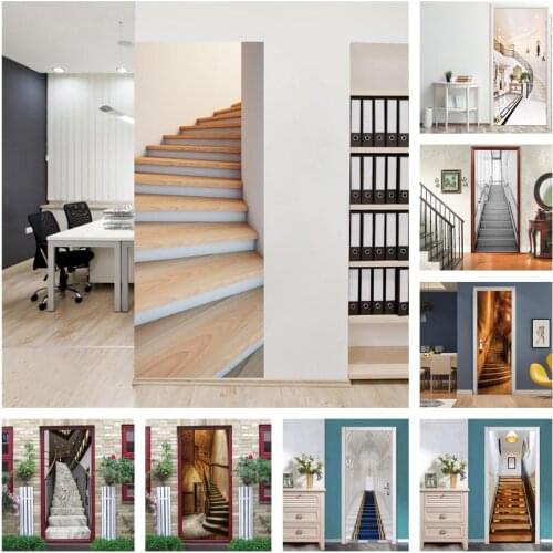 3D Stair Door Sticker Retro Staircase Modern Stairs Wallpaper Self-Adhesive DIY Home Design Decor Door Mural Poster Wall Decals