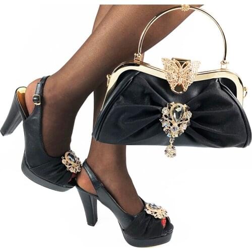 Doershow new Shoes and Bag Set African Sets 2020 black Color Italian Shoe Bag Set Decorated with Rhinestone High Quality HDA1-1