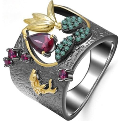 Mialangirl Hollow Two-tone Horse Eye Zircon Ring Engagement Popular FemaleJewelry BLue Pomegranate Ring