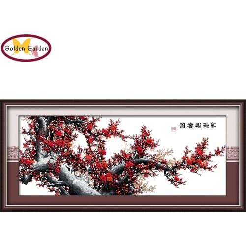 GG Red Plum Chinese Cross Stitch DIY Kit Handicraft Embroidery Drawing Set Joy Sunday Stamped Cross Stitch Sets for Home Decor
