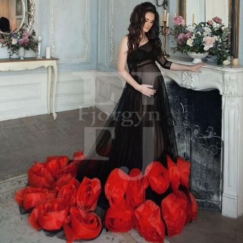 Perfect Maternity Photo Shoot Dress Baby Shower Dress or Non-Maternity Events One Shoulder Black Tulle Robes with Red Flowers