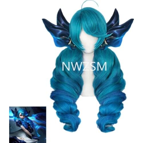 Game League of Legends new hero Gwen Cosplay wig party decoration extra-long blue big wavy hair