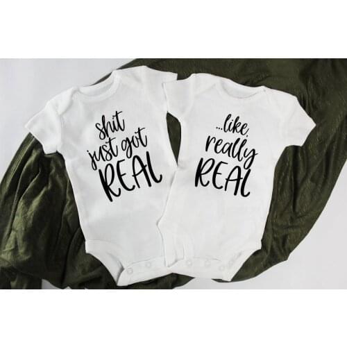 PAIR Shit Just Got Real Twin Baby Announcement s Bodysuits Funny Twin Pregnancy Announcement Baby Shirt Twins Expecting