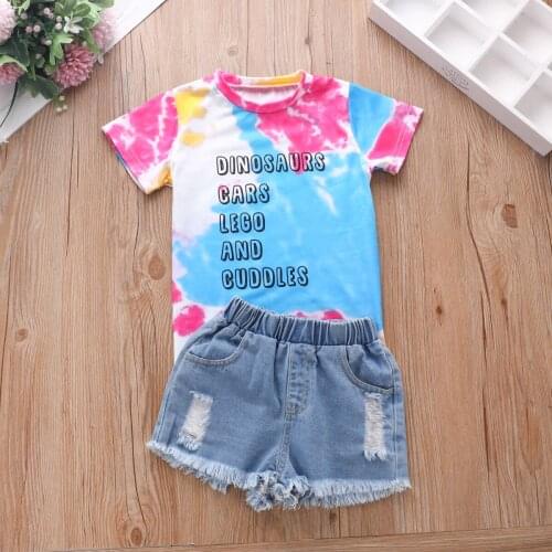 2Pcs Little Girls Outfit Toddlers Creative Random Dyeing Letter Printing Round Collar Short Sleeve Top + Ripped Denim Shorts