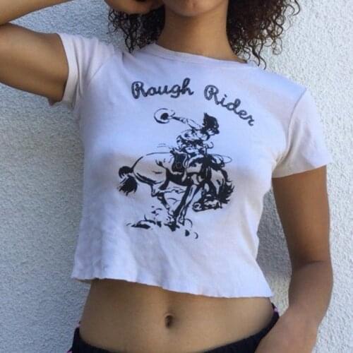 Rough Rider Letter Punk Casual Loose Letter Print Crop Tops Ulzzang Harajuku Summer Sexy Y2K Loose Chic Vintage Casual T-Shirt
