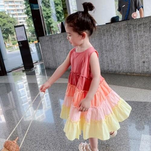 Summer girls fashion rainbow color patchwork sundress Girl cotton sleeveless layered dress