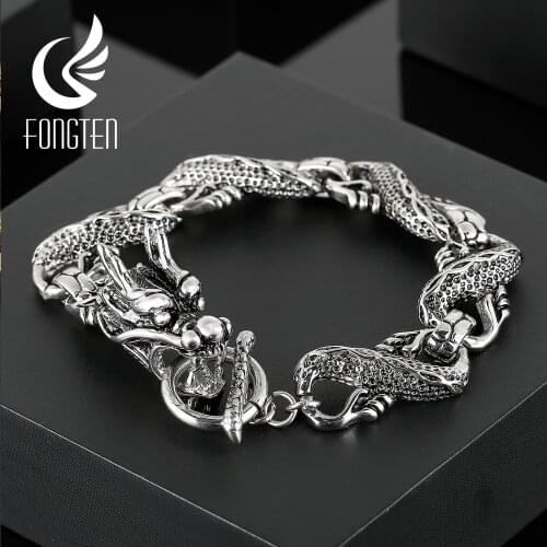 Fongten Men Dragon Pattern Personality Jewelry Carving Shiny Design Fashion Cool Retro Punk Bracelet Handicraft Style