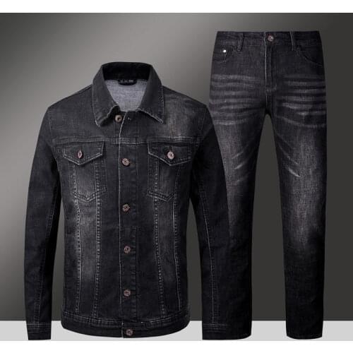 New Punk Style Men Trend Jeans Sets Black Blue Long Sleeve Jacket Slim Cowboy Two Piece Casual Couple Male Denim Suits Size 5XL