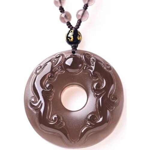 Open the light Ice Black Natural Obsidian Stone Pendants Double Dragon Button Pendant For Women Men Necklace Fashion Jewelry