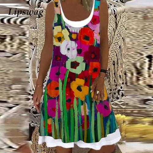 2021 Summer Casual Square Collar Party Dress Fashion Women Sleeveless Tank Loose Dress Female Vintage Floral Print A-Line Dress