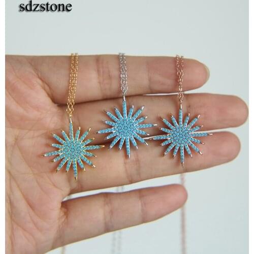 Pave nano turquoises stone micro pave star pendant blue north star sun burst pendant 925 sterling silver nice necklace
