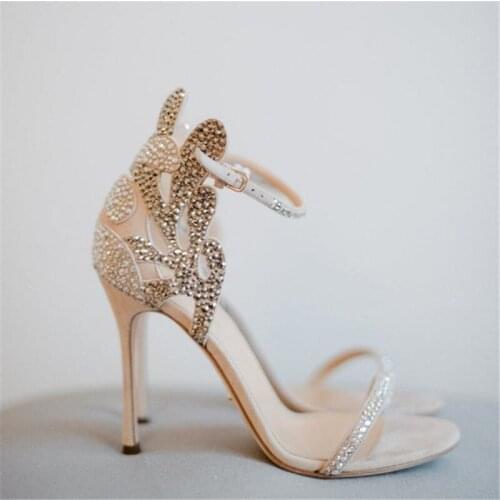 Luxury Crystal Studded Summer Wedding Sandals Ankle Buckle Open Toe Stiletto Thin Heeled Pumps Front Thin Strappy Woman Shoes