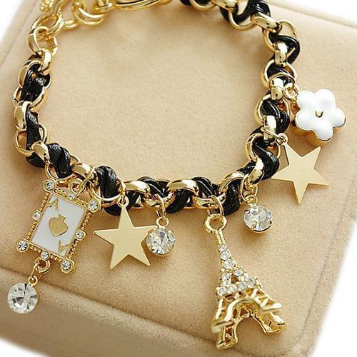 Women Fashion Eiffel Tower Stars Flower Poker Pendants Leather Bracelet Jewelry Bangles Fashion Pulseras Mujer