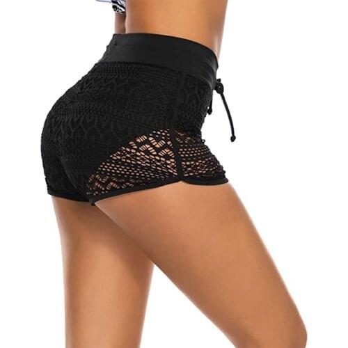 Female Swimming Trunks Lace Floral High Waist Beach Shorts Swimwear with Drawstring for Summer, Black, S/M/L