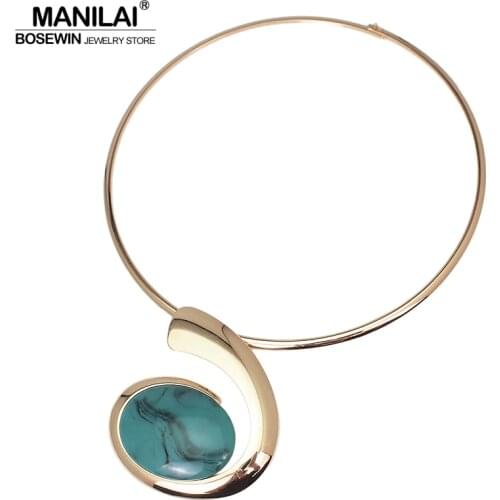 MANILAI Big Oval Resin Pendant Metal Torques Choker Necklace For Women Fashion Alloy Geometric Statement Necklaces Jewelry