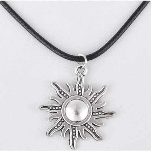 12*24MM Vintage antique silver color tibetan sun pendant necklace women wax cord rope necklace jewelry fashion alloy jewellery