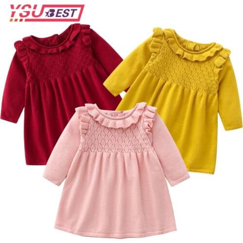 2021 Baby Autumn Winter Clothing Infant Kids Baby Girl Ribbed Warm Dress Ruffled Long Sleeve Knitted Dresses Princess Party Gown