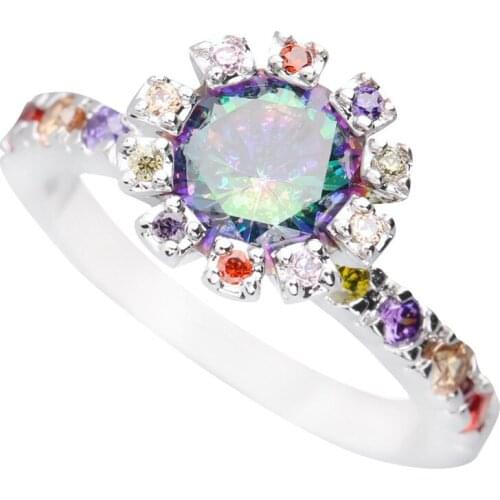 Noble Rainbow Stone 7*7mm Semi-precious Stone Silver Cool For Women Ring Q1205