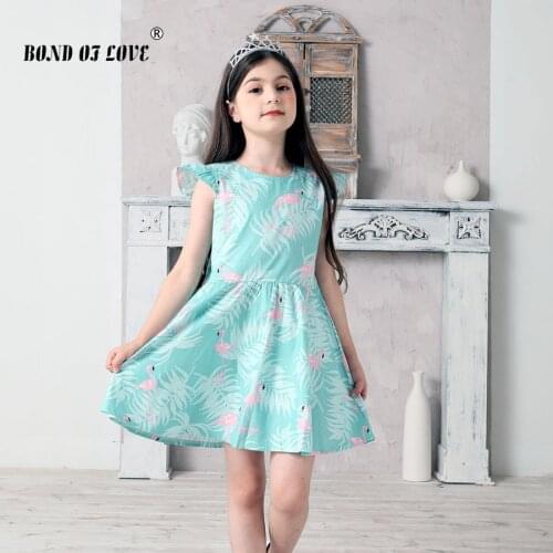 Kids Girls Sleeveless Dresses Summer Flamingo Leaves Printed Dresses For Childrens Costume Girls Wedding Birthday Party Dresses