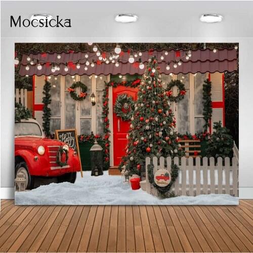 Christmas House Backdrop for Photography Red Truck X-mas Pine Tree Photo Background Winter Snow Scene Photo Background Props