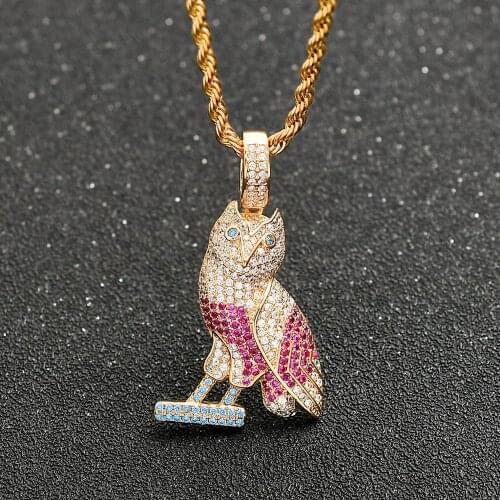 Hip Hop Micro Paved AAA+ Cubic Zirconia Iced Out Bling Nighthawk Owl Pendants Necklace for Men Rapper Jewelry Gold Silver Color