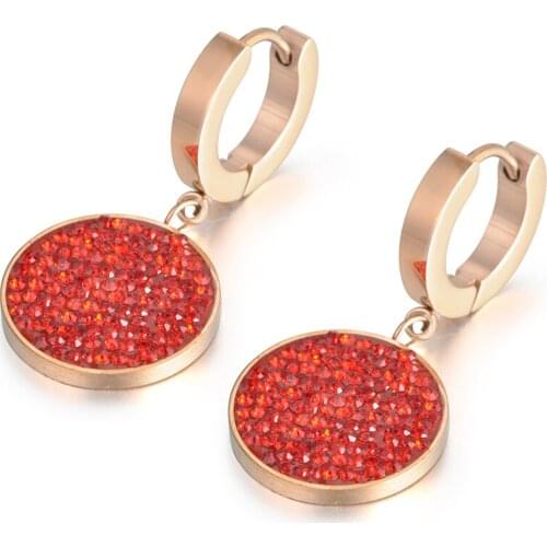JeeMango Black Red Rhinestone Simple Round Circle Earrings Titanium Steel Rose Gold Color Female Hoop Earrings Brincos E18018