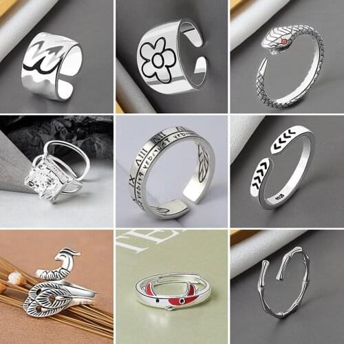 Minimalist Open Adjustable Finger Rings for Women Fashion Letter W Daisy Knot Animal Fish Bull Snake Band Jewelry Female Bijoux
