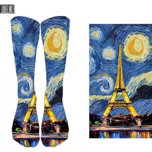 New Style Oil Painting Eiffel Tower Art Socks Men Women Pure Cotton Harajuku Retro Pastoral Scenery Happy Long Tube Funny Socks