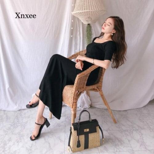 2021 Autumn and Winter New Womens Generous Solid Color Collar Short-Sleeved Pleated Long Skirt Knitted Womens Dress