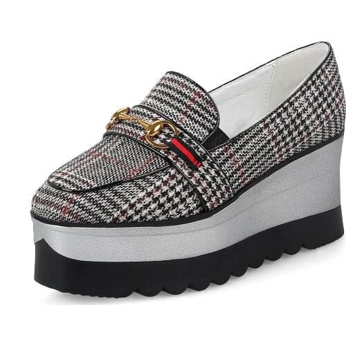 New age season grid thick bottom square head high with waterproof platform wedge 33-42 British wind shoes 18329
