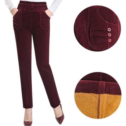 New autumn and winter women Corduroy pants plus velvet trousers plus size high elastic waist straight pants