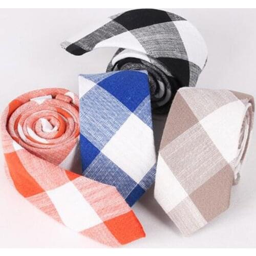 New Fashion Cotton Linen Tie Black White Plaid Print 6.5cm Slim Necktie For Men Business Wedding Skinny Customer Ties Gifts