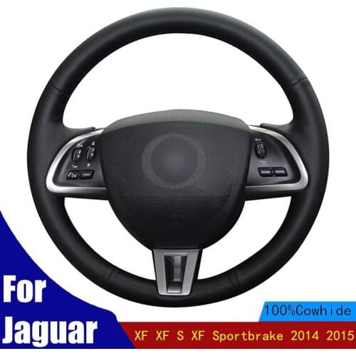Hand-stitched Car Steering Wheel Cover Soft Black Genuine Leather For Jaguar XF XF S XF Sportbrake 2014 2015