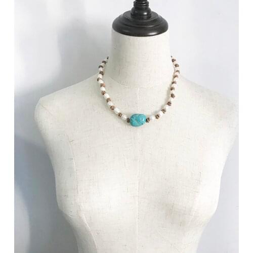 Handmade Blue Stone Pearl Necklace Leather Rope Weaved Exquisite Short Collar Choker 2020 Women Trendy Accessories Jewelry