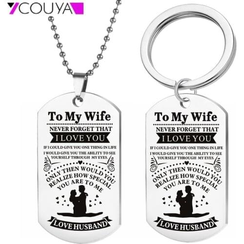 Stainless Steel Lettering"TO MY WIFE"Necklace+Keychain Engraving Dog Tag Women Men Choker Necklace Lover Gift