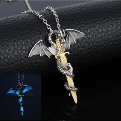 Fashion Luminous Vintage Dragon Sword Pendant Necklace Titanium Steel Pendant Necklace Jewelry Glow in The Dark Link Chain Alloy