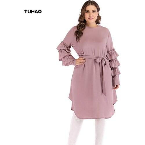 TUHAO Autumn Winter Women Ruffles Sleeve Plus Sisze 5XL 4XL Dresses Elegant Office Lady Beading Womans Dress Clothing CM80
