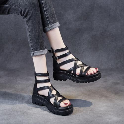 2 colors lace-up Roman sandals female bag soft sole thick bottom all-match casual sole sandals wedge female open toe white black