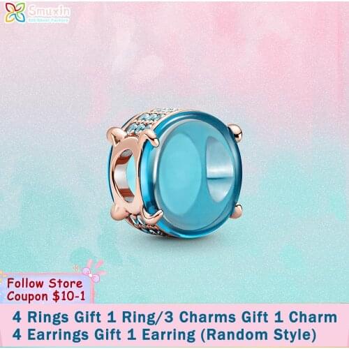 Smuxin 925 Sterling Silver Blue Oval Cabochon Charm fit Original Pandora Bracelets for Women Jewelry Making Girl Birthday Gift