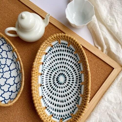 Vietnamese Rattan Porcelain Oval Storage Tray New Snack Storage Small Tray Desktop Decoration