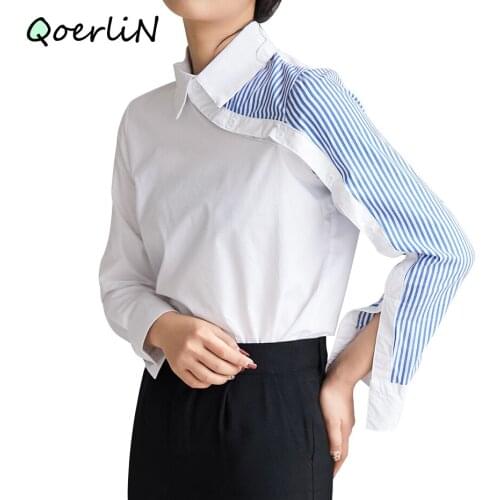 QOERLIN Fashion Design Blue Striped Patchwork Elegant White Blouse Women 2020 Autumn Irregular Womens Cotton Shirt Plus Size