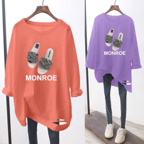 2021 Women Spring Autumn Long Sleeve T-shirt Slippers Pattern Loose Fashion Mid-Length Round Neck Letter Print Tshirt Top Womens