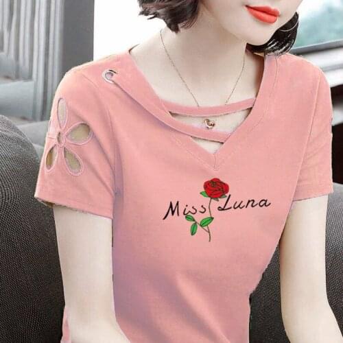 Sexy V-neck Hollow Out Tshirt Summer 90s Shirt Rose Flower Letters Printed Korean Style Slim Fit T Shirt Women Casual Plus Size