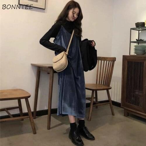 Women Sets Autumn Solid Turtleneck Loose Blouses Ankle-length Elegant Gentle Spaghetti Strap Dress Lady Girls Chic Korean Style