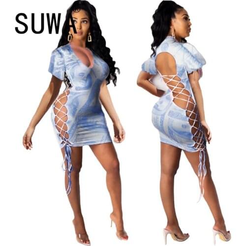 Women Fashion Tie Dye Print Sheath Mini Dress Lace Up Sexy Club Party Dress Vestidos Femme