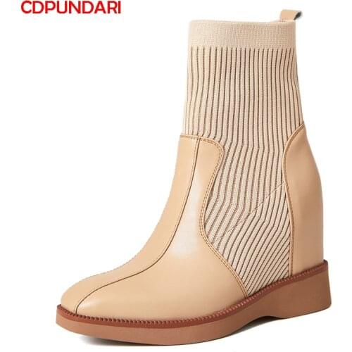 Black Genuine Leather Wedges Platform Ankle Boots Women Autumn Winter High Heels Stretch Boots Shoes Bottes Plateforme Femme