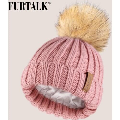 FURTALK Kids Winter Hat Faux Fur Pom Pom Hat Baby Boys Girls Knitted Beanie Hat Ages 1-10 Year Child Winter Cap